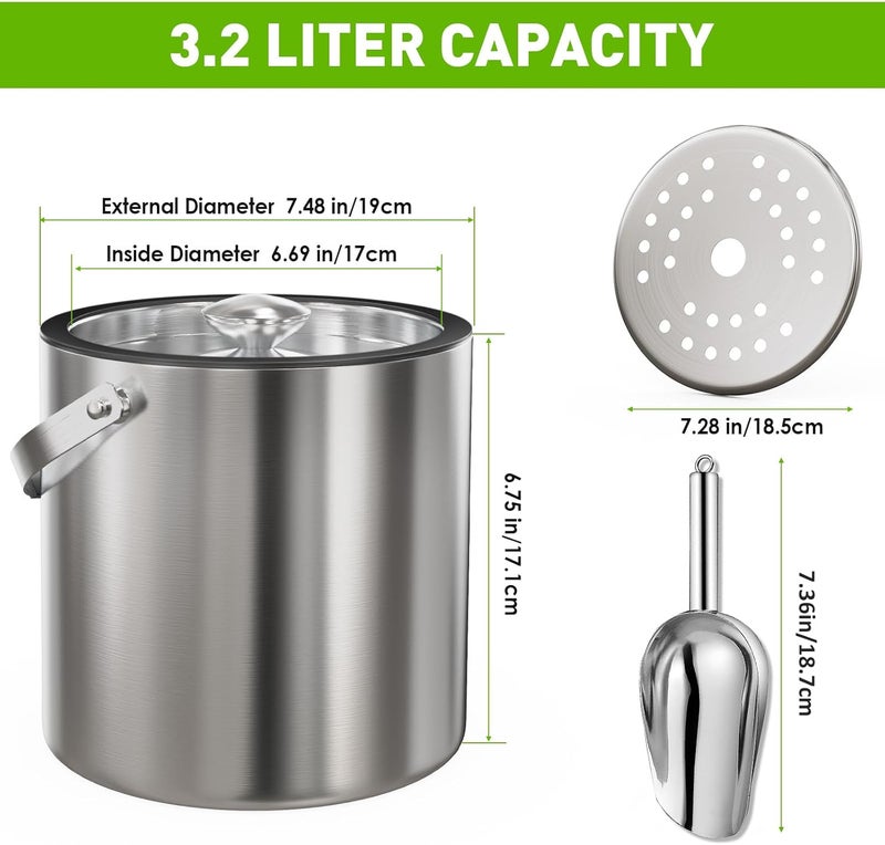 iHoo 3.2L/3.4QT Insulated Ice Bucket with Silicone Lid, Tongs & Strainer, Double Wall Stainless Steel Ice Bucket for Parties and Cocktail Bar, Upgraded Silicone Cover Keep Ice Frozen Longer - Image 4